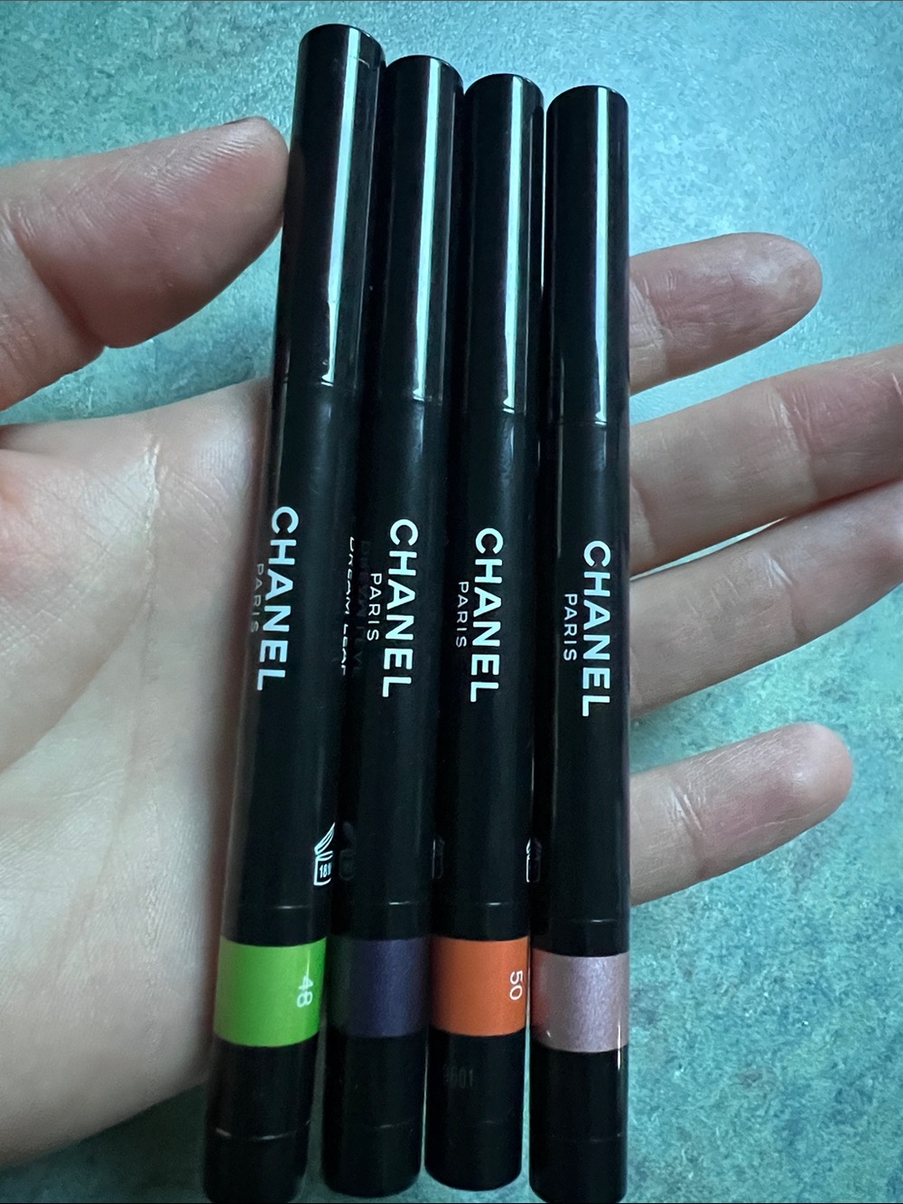 CHANEL Eye Crayon Quartet — Green, Purple, Orange, Pink, no box, used ones